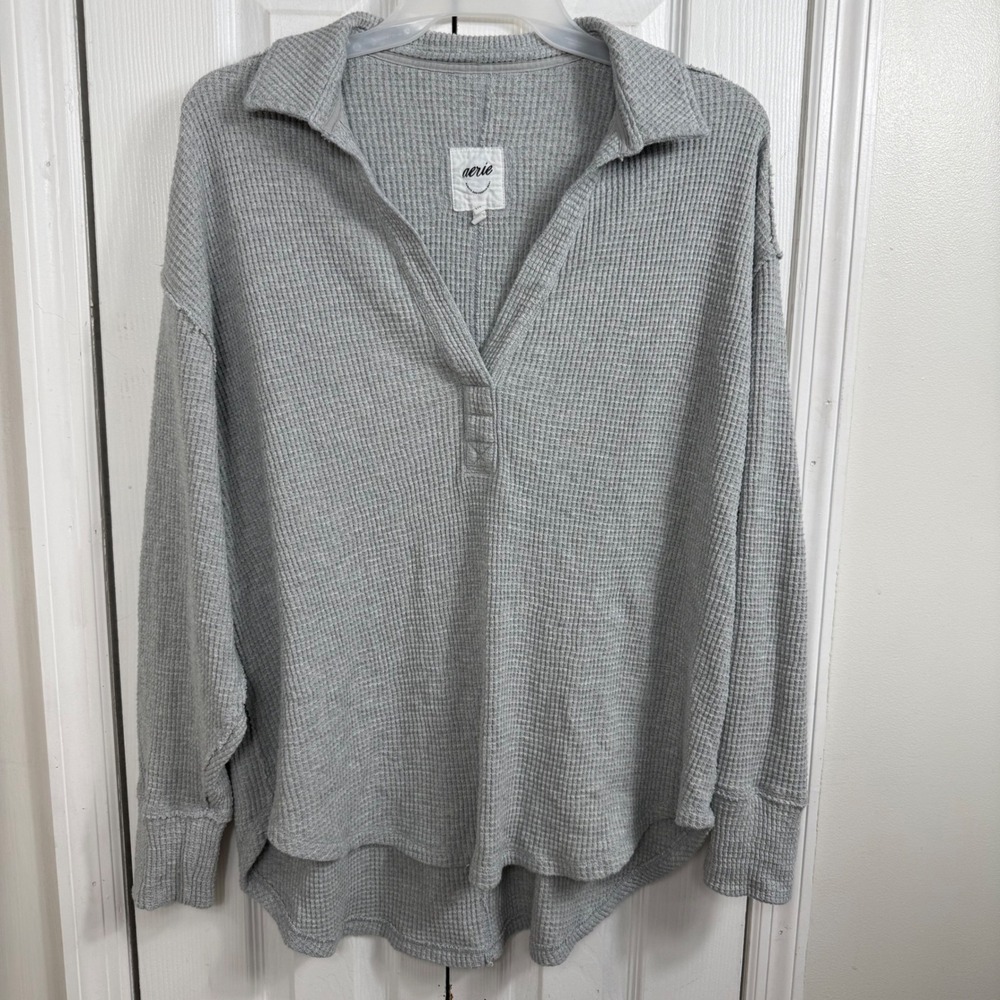 Aerie Waffle Knit Henley Top Large Grey Oversized Cozy Minimalist Thermal
